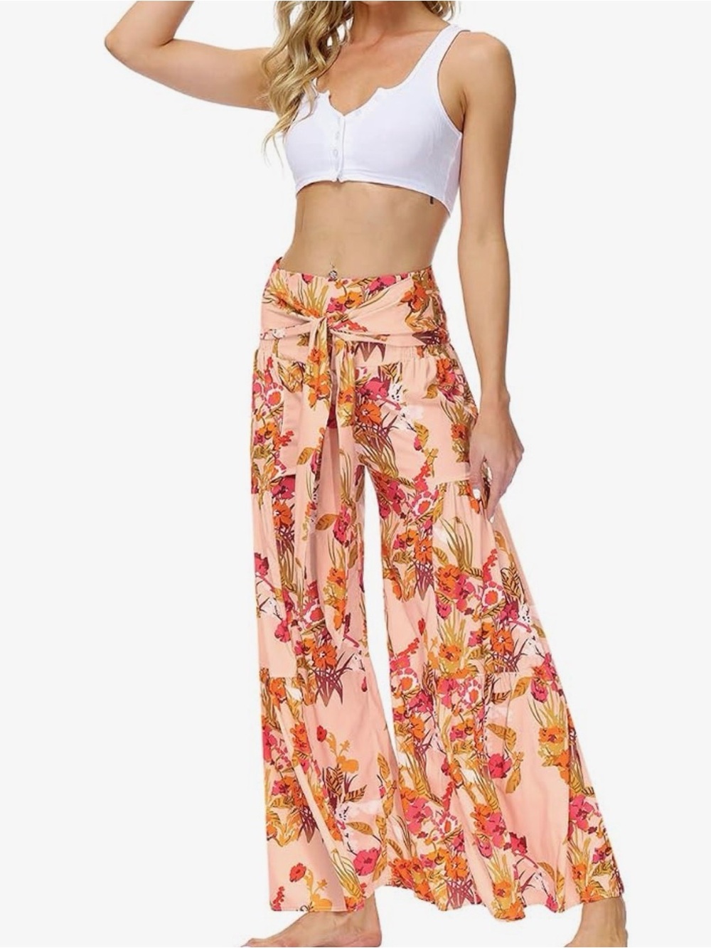 Floral Wide-Leg Tie-Waist Palazzo Pants - Peach